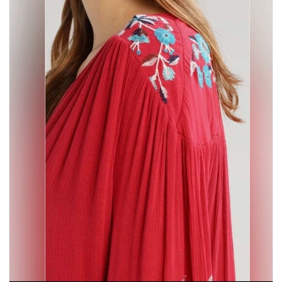 $148 NWT FREE PEOPLE SIZE S FLORAL EMBROIDERED BELL SLEEVES MINI DRESS RED Sz S - Picture 4 of 10